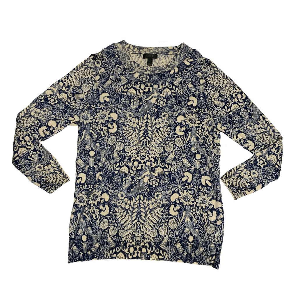 J. Crew Navy and Cream Floral Crewneck Sweater